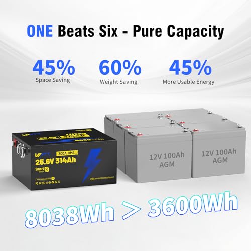 12V 314Ah Mini LiFePO4 Lithium Battery with Bluetooth 5.0, 200A BMS, 4.01kWh Energy, Upgraded Aluminum Cooling Fins & Braided Copper Wires, for RV