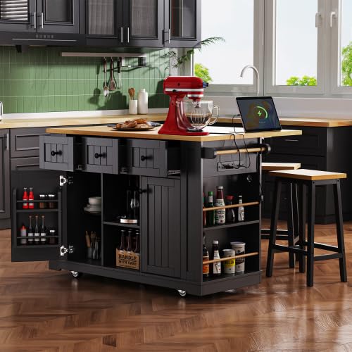 Bellemave Kitchen Island with Storage Cabinet on Wheels, 53.5'' Mobile Kitchen Cart with Power Outlet, Drop Leaf, Spice/Towel Rack and Drawer