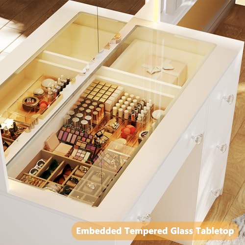 Vanity Desk with Mirror and Lights, 50" Makeup Vanity with Glass Top & Power Outlet, White Vanity with 11 Drawers & 8 Hidden Storage Shelves