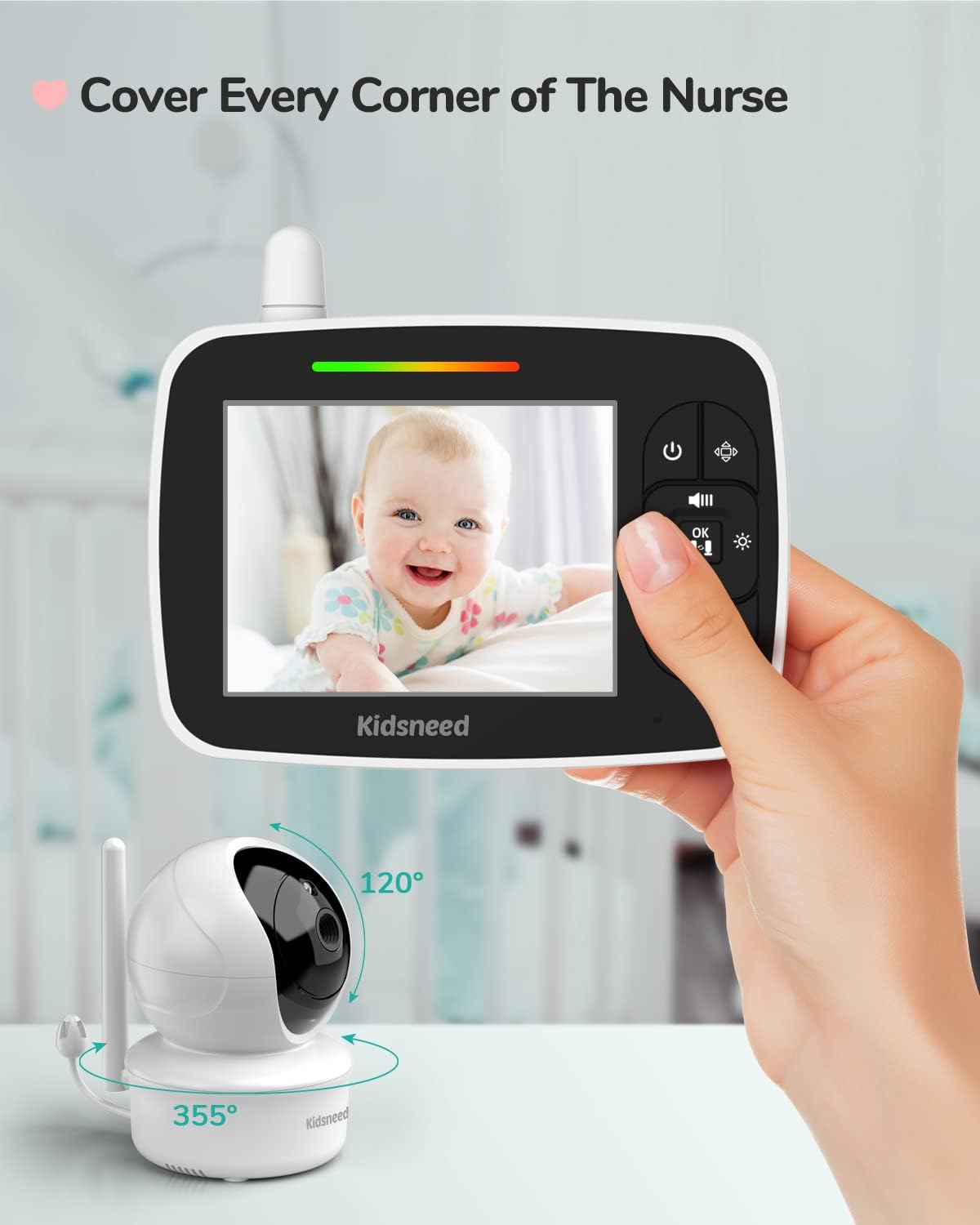 Baby Monitor, Kidsneed Video Baby Monitor with Remote Pan-Tilt-Zoom Camera and Audio, Large Screen Night Vision, Two Way Talk, Temperature Display