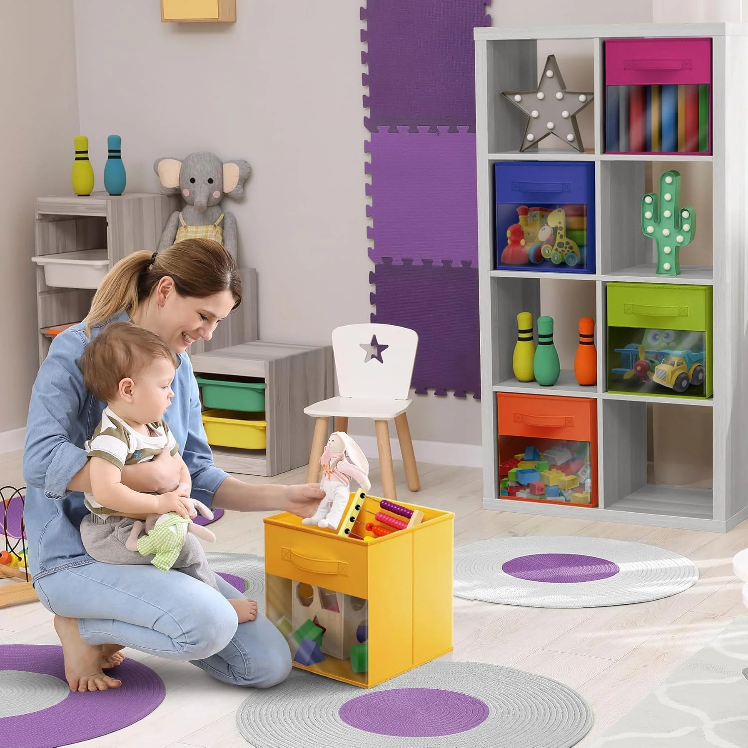 13 Inch Foldable Storage Bins with  Window - 6 Fabric Baskets for Organizing Clothes, Toys, Books