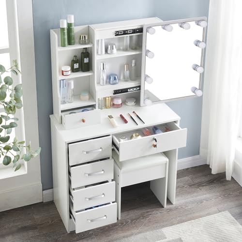Makeup Vanity Desk with Lighted Mirror & 3 Lighting Modes Adjustable Brightness, Vanity Table with 6 Drawers and Storage Shelves