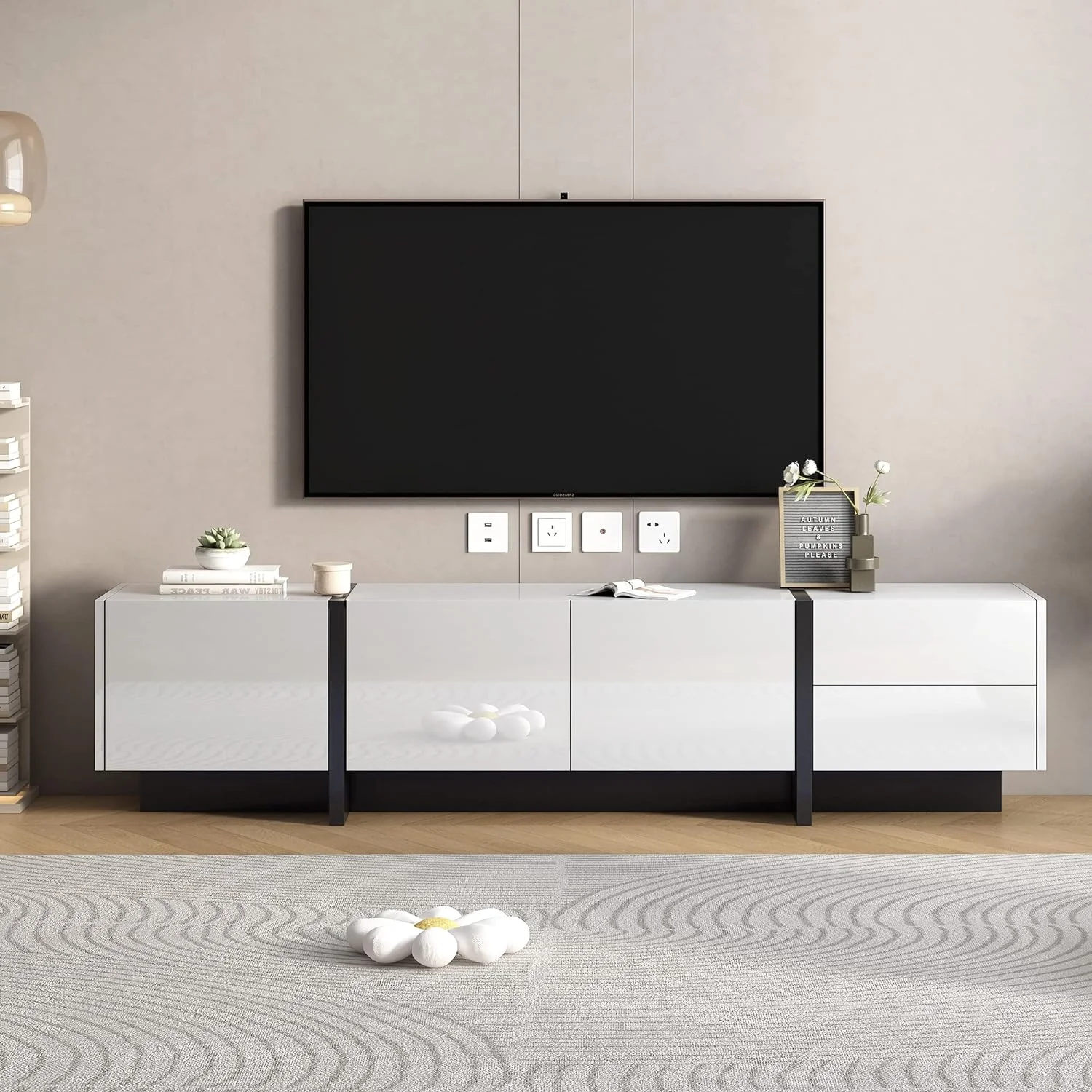 White Black Contemporary Rectangle Design TV Stand, Unique TV Console Table For Tvs Up To