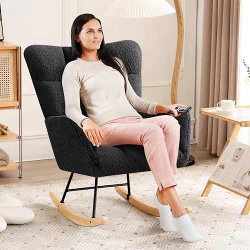 Furniliving Rocking Chair, Faux Fur Upholstered Glider Rocker, Padded Cushioned Seat Rocking Accent Chair with High Backrest