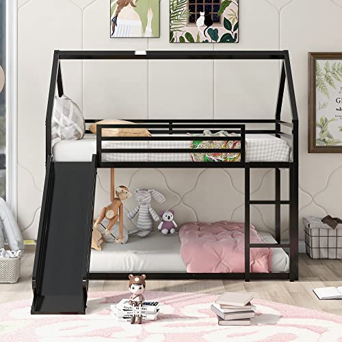 Kids Twin Over Twin Bunk Beds with Slide and Trundle, Solid Wood Bunk Bed Frame with Stairs and Storage
