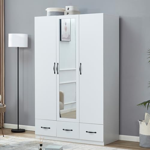 Rattan Armoire Wardrobe Closet Wood 71" Tall with 3 Doors 4 Drawers Mirror Hanging Rod and Shelves Large Clothes Storage Cabinet for Bedroom Pantry