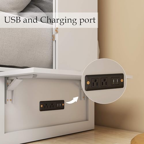 Murphy Bed Queen, Murphy Bed Cabinet with Charging Station, Large Storage Drawer and Shelves for Home Office or Guest Room, Warm White
