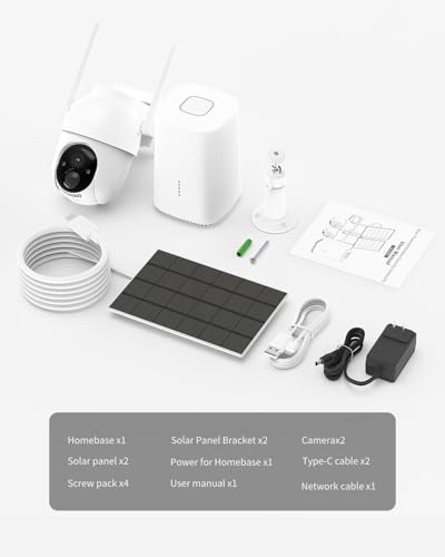 Security Cameras Wireless Outdoor, 2 Cam Kit, No Subscription, Solar Powered Home Security Cameras System, 360° Panoramic View, 2K Color Night Vision
