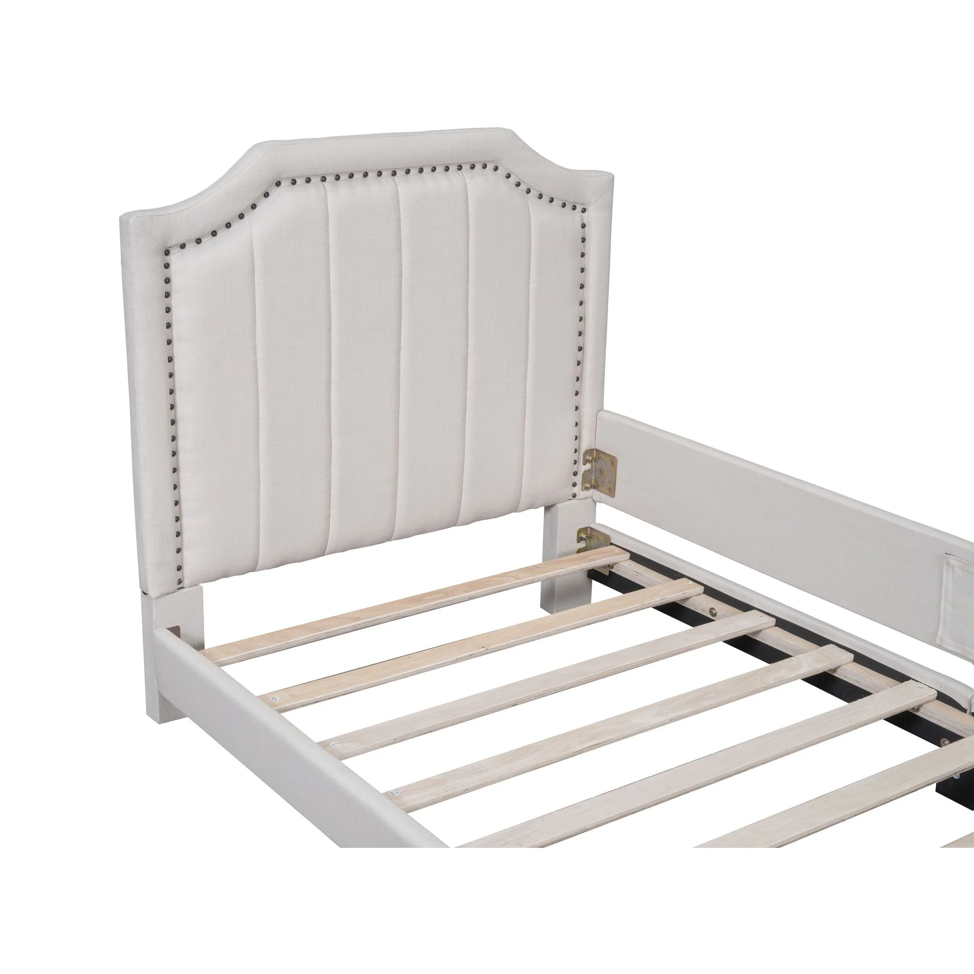 Twin Storage Upholstered Platform Bed Mattress Foundation with Nailhead Trim Decoration and Guardrail