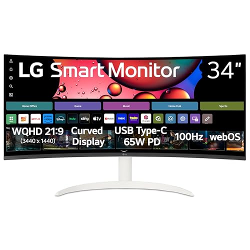 LG 34SR63QA-W 34 inch Smart Curved Monitor with Streaming TV, QHD 1440p, UltraWide Screen, USB Type-C 65W PD, 1800R, webOS, HDR10, 100Hz