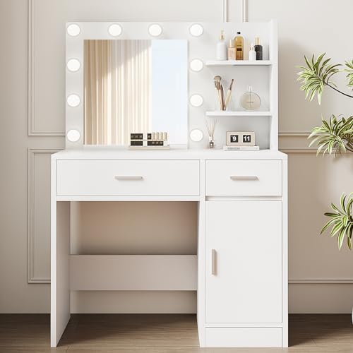 Vanity Desk with Mirror and Lights, Makeup Vanity with Drawer & Storage Shelves, Cabinet, 3 Lighting Modes Adjustable Brightness