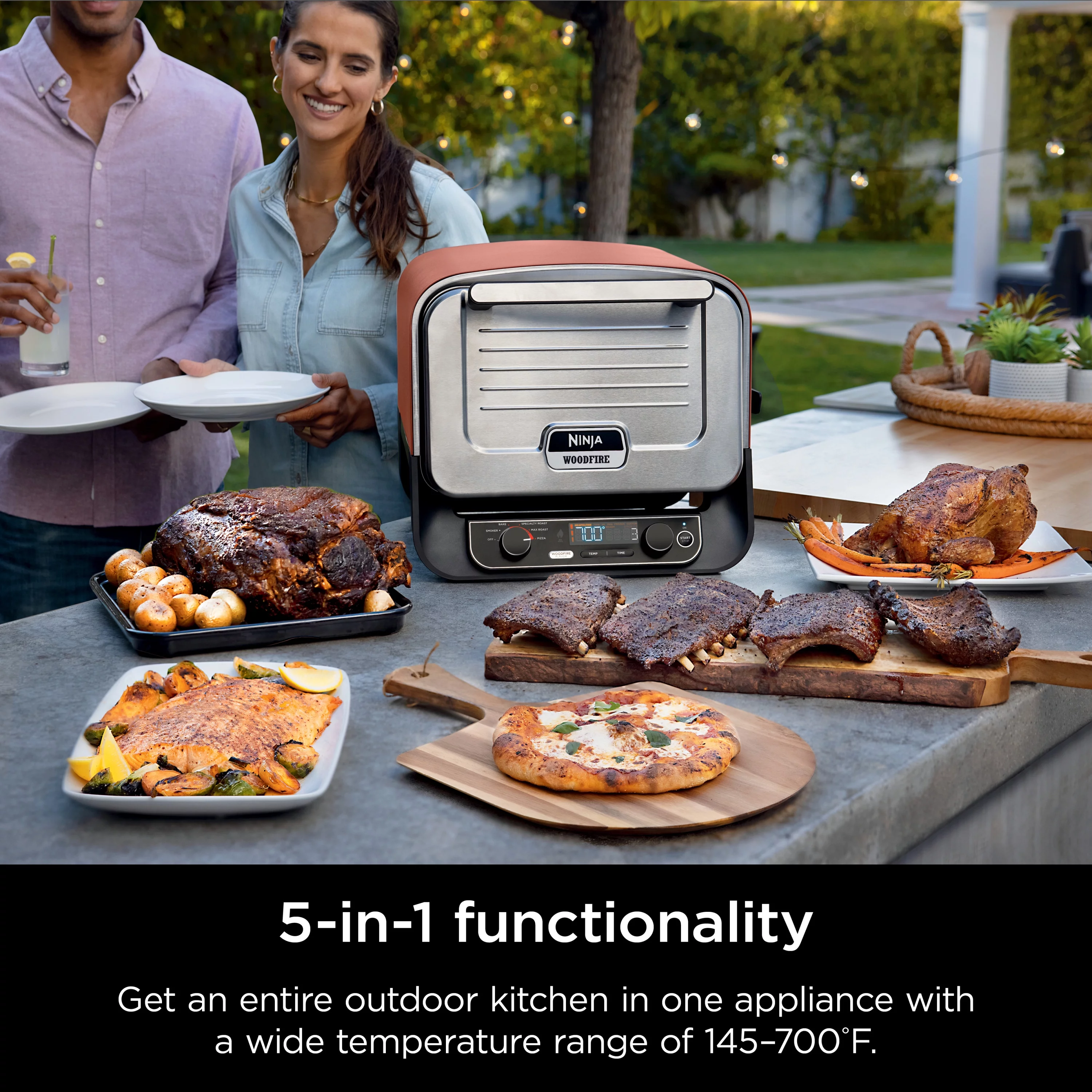 Ninja Woodfire Pizza Oven, 5-in-1 outdoor oven, 5 Pizza Settings, Ninja Woodfire Technology, up to 700°F heat, BBQ smoker, Electric