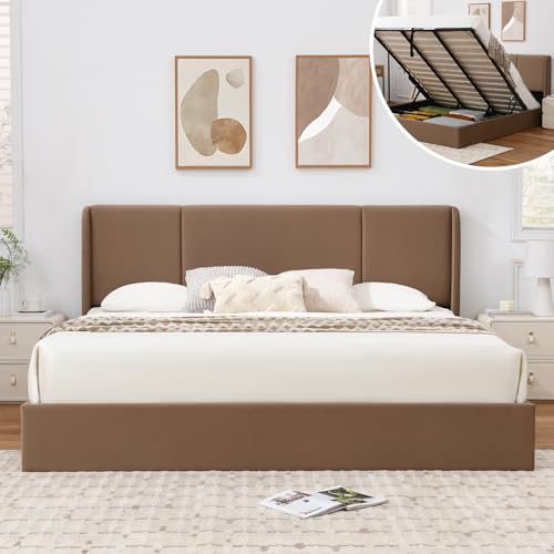 VELOCAVA Queen Size Lift Up Storage Bed with Modern Wingback Headboard, Upholstered Platform Bed with Fabric with Hydraulic Support Bars