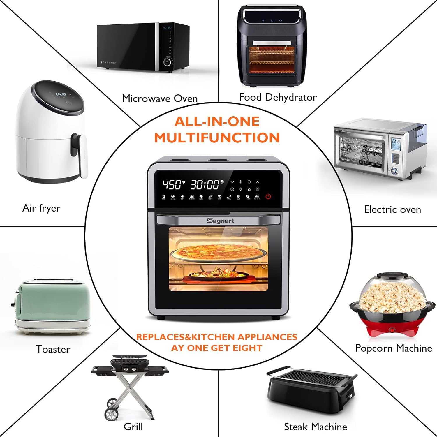 14-in-1 Air Fryer Oven, Sagnart 16 Quart Stainless Steel Air Fryers Toaster Oven with 11 Presets, 1600W LCD Touch Screen Air Fryer
