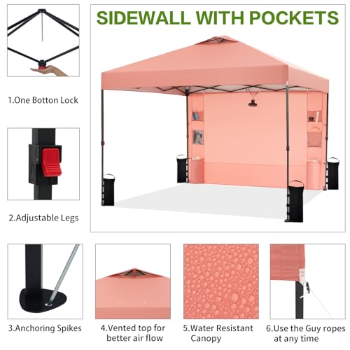 10'x10' Pop Up Canopy Tent with 1 Sidewall and 6 Pockets, One Push Setup, Instant Shade Tent with Vented Roof for Beach Patio Outdoor, Case, 8 Stakes
