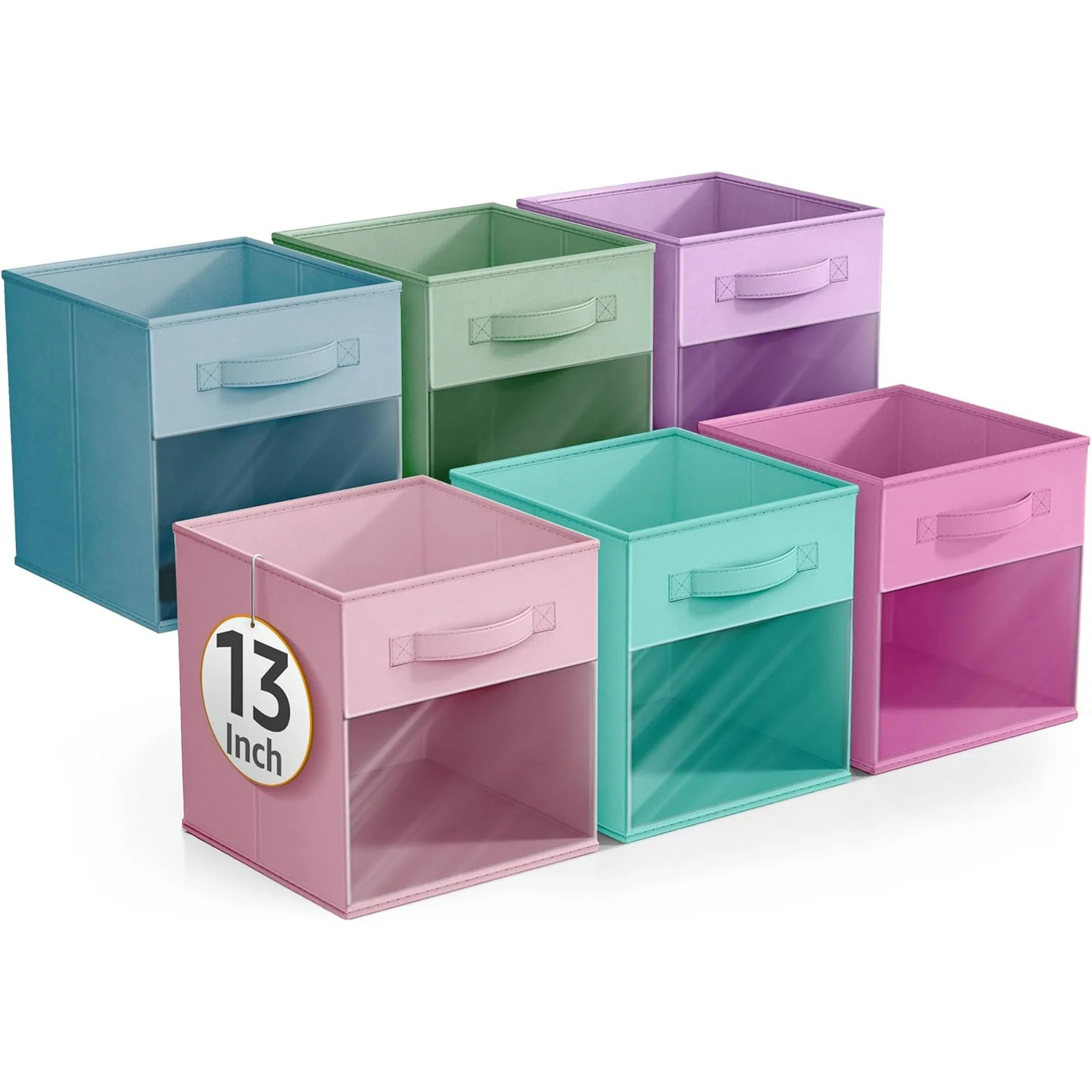 13 Inch Foldable Storage Bins with  Window - 6 Pack Fabric Baskets for Clothes, Toys &amp; Books