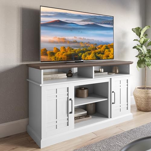 BELLEZE Modern 48" Farmhouse Wood TV Stand & Media Entertainment Center Console Table for TVs up to 50 Inch with Open Storage Shelves & Cabinets