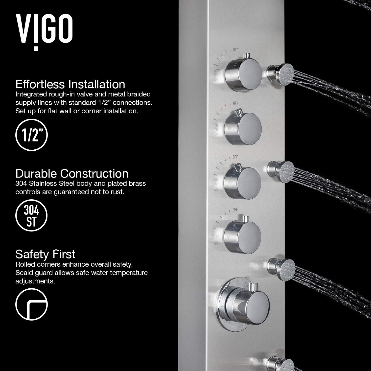 VIGO VG08005 Brielle 2.75" -6.38" W -70.5" H Shower Massage Panel 6 -Jet High Pressure Shower System with Thermostatic, Volume