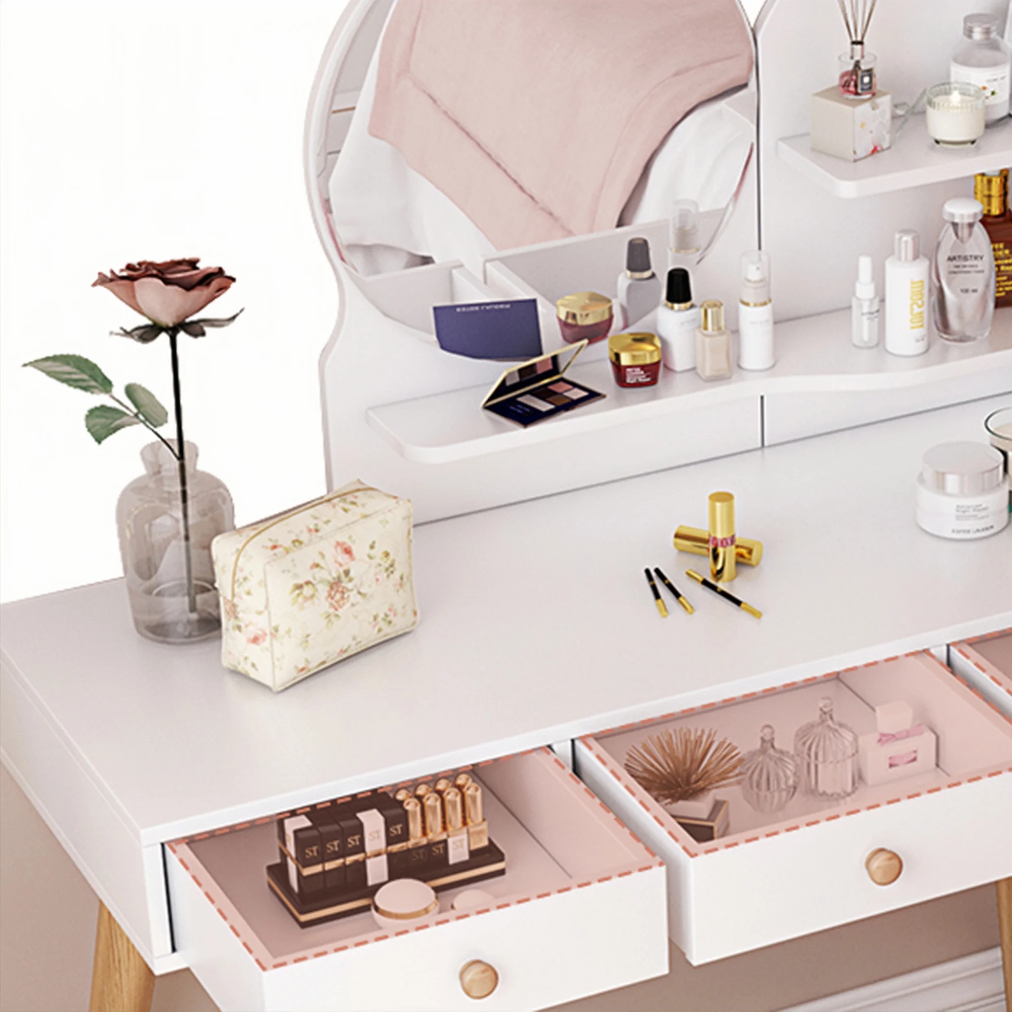 HSUNNS Vanity Desk with Lighted Mirror, 3 Drawers Makeup Dressing Desk with Storage Shelves