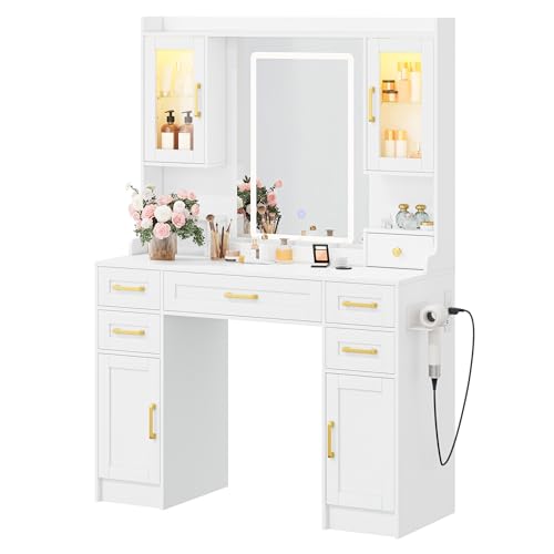 NUNU LAB 42 Inchs Large Vanity Desk with Mirror and Lights with 6 Drawers and 4 Cabinets, Big Women Makeup Table with Power Outlet