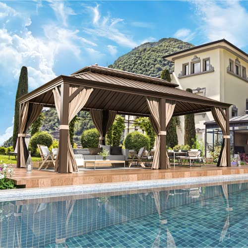 EROMMY 12'x20' Hardtop Gazebo Double Roof Galvanized Steel Canopy Outdoor Aluminum Frame Permanent Metal Pavilion with Netting and Curtains for Patio