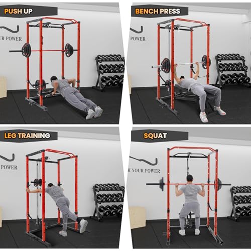 Power Cage with LAT Pulldown, Multi-Functional Power Rack with Cable Pulley System and J-Hooks, Squat Rack with Dip Bars and Landmine Attachment