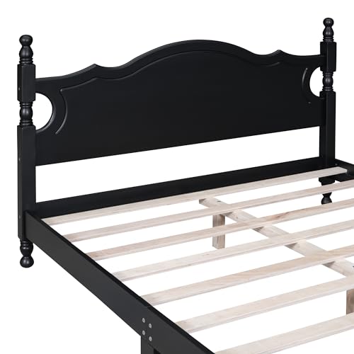 Retro Queen Bed Frame Wood Platform Bed with Headboard and Wooden Slat Support No Box Spring Needed (Black)