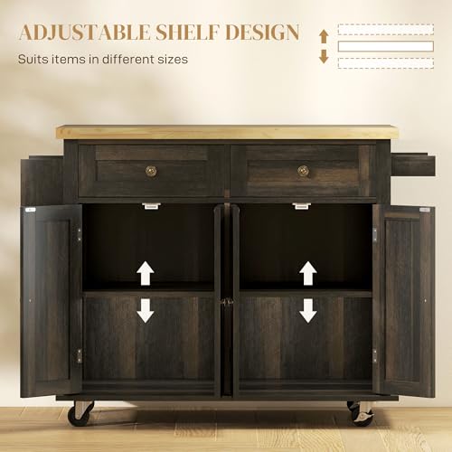 HOMCOM Kitchen Island on Wheels, Rolling Cart with Rubberwood Top, Spice Rack, Towel Rack and Drawers for Dining Room, Navy Blue