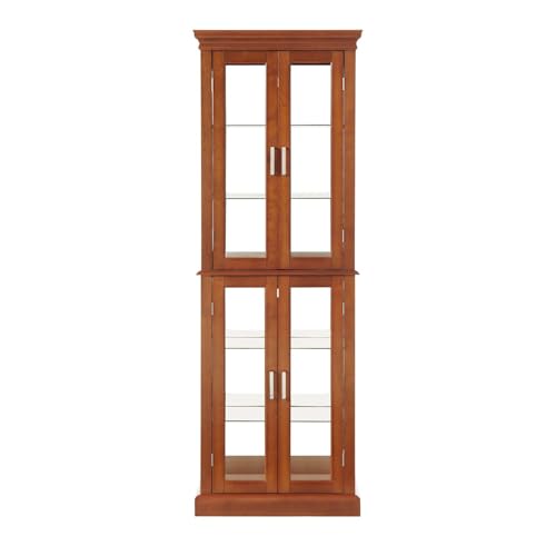 Curio Cabinet Lighted with Adjustable Shelves, Wooden Floor Standing Glass Display Cabinet with Mirrored Back Panel