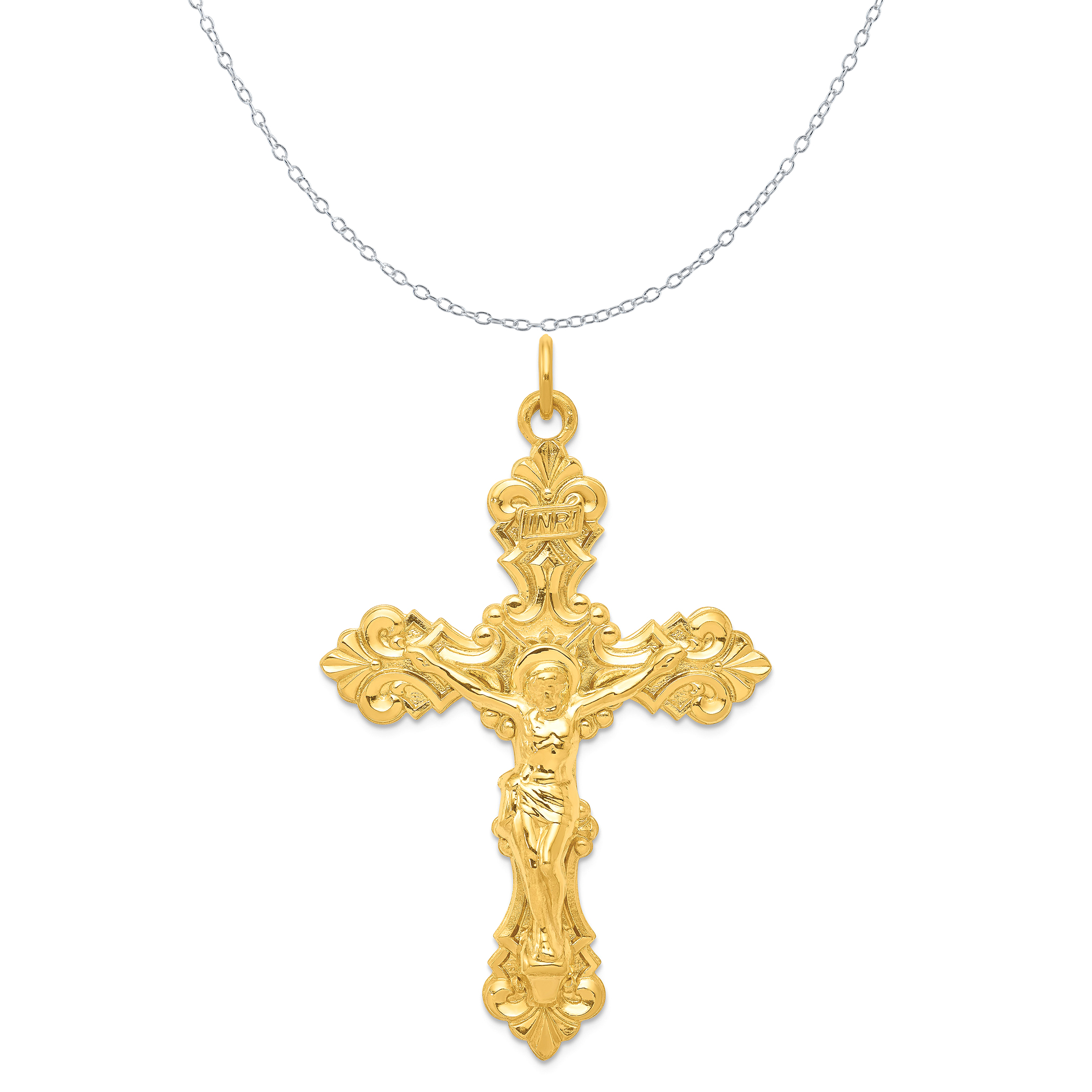 Carat in Karats Sterling Silver Polished Finish 24K Inri Crucifix Charm Pendant (55mm x 35mm) With Sterling Silver Cable Chain Necklace 20''