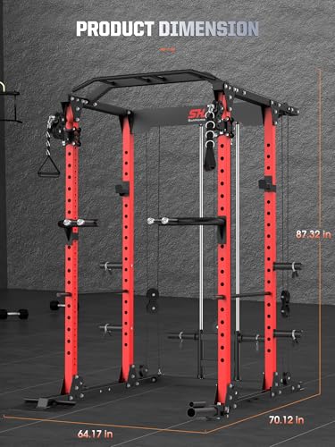 SunHome Power Cage Squat Rack, Multi-Functional Power Rack with Adjustable Cable Crossover System, J-Hooks, Dip Handles, Weight Plate Storage