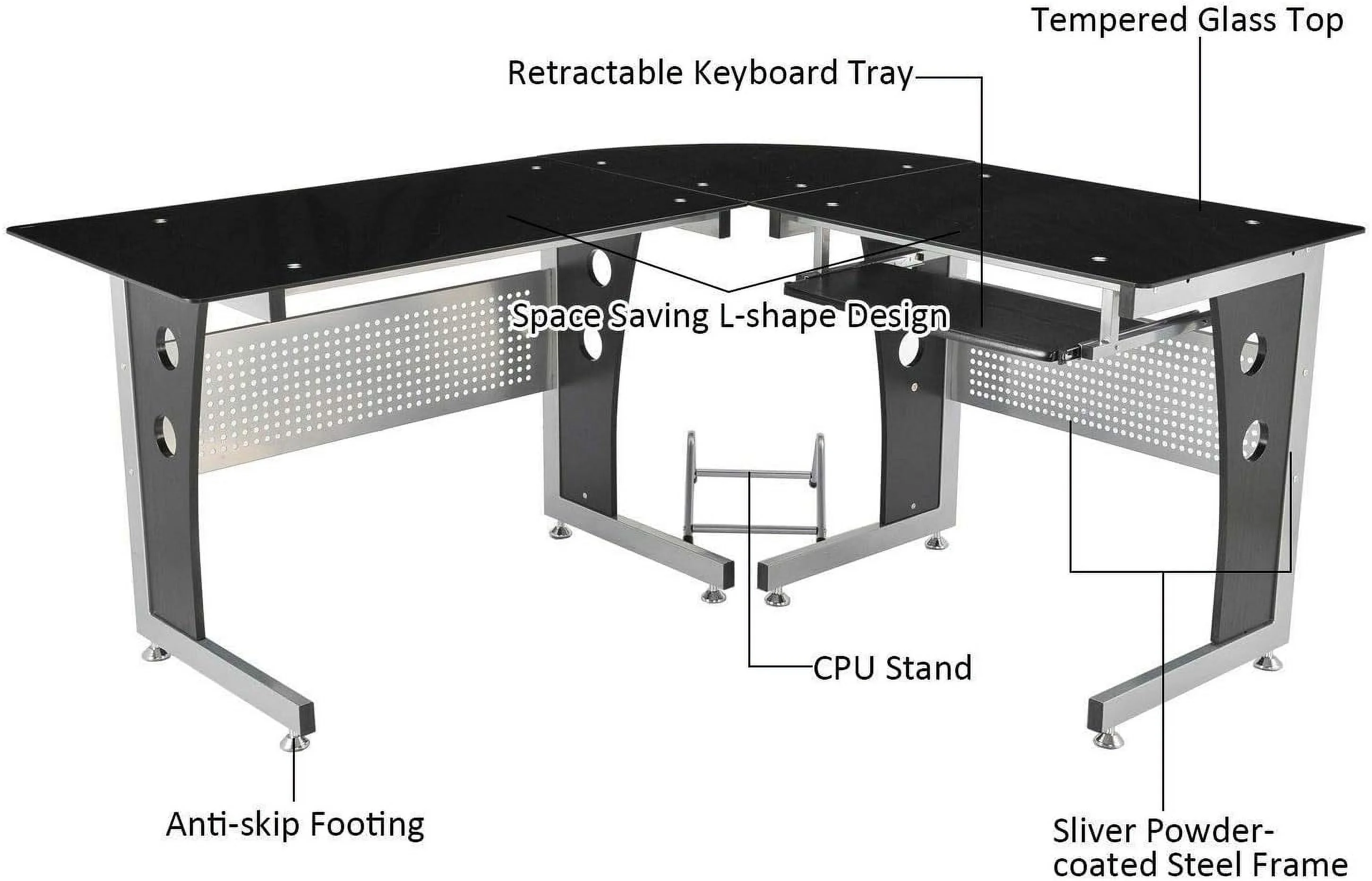 Black L-Shape Corner Tempered Glass Top Computer Desk Slide-Out Keyboard Tray CPU Tower Stand Laptop Notebook PC Workstation Study Writing Reading
