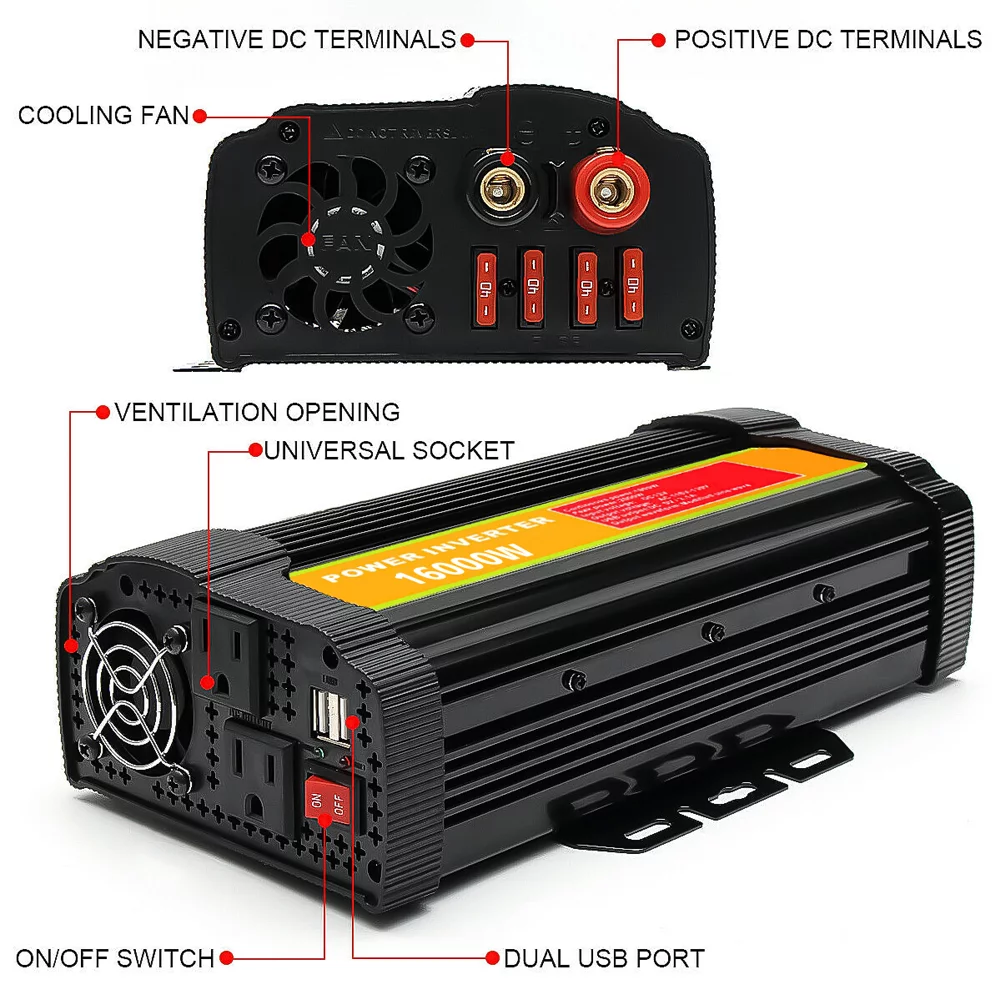 Modified Sine Inverter High Frequency 16000W Peak Power Watt Power Inverter DC to AC Converter Car Power Inverter with 2.1A Dual USB Port