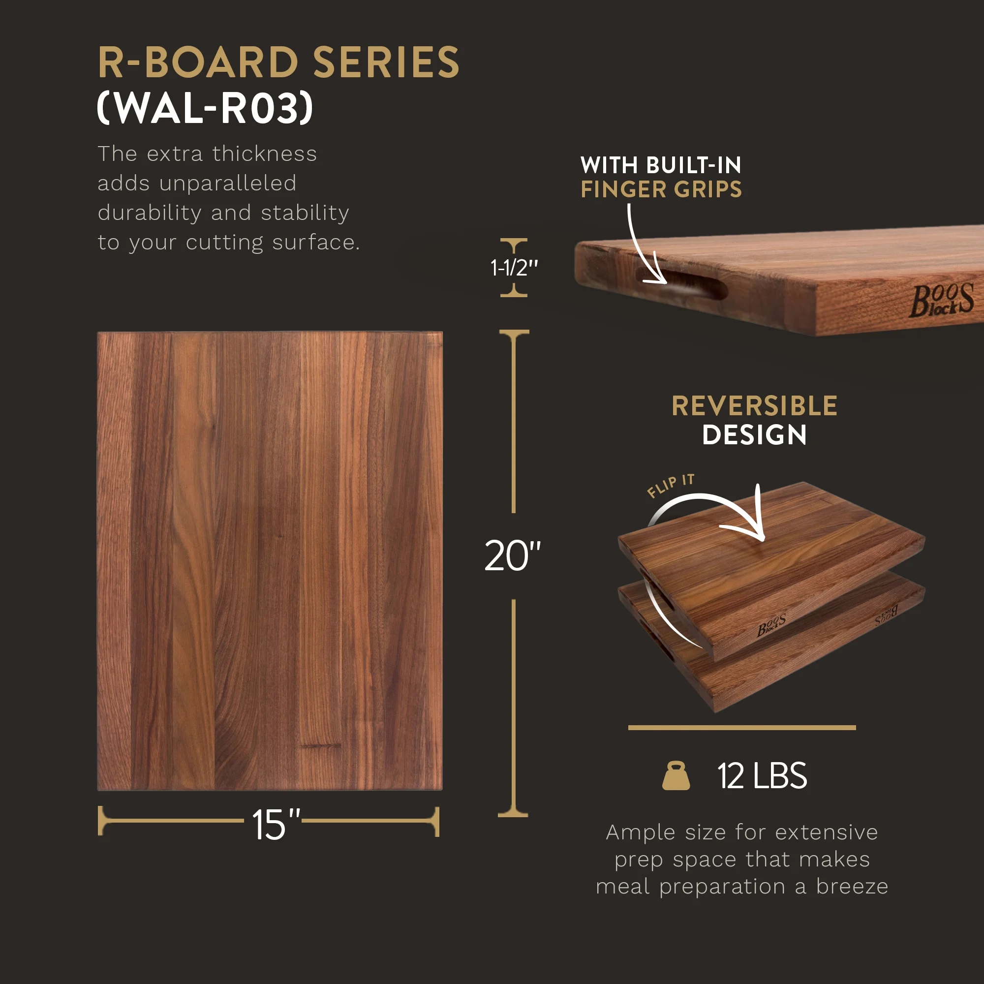 John Boos Walnut Wood Edge Grain Reversible Cutting Board, 20" x 15" x 1.5"