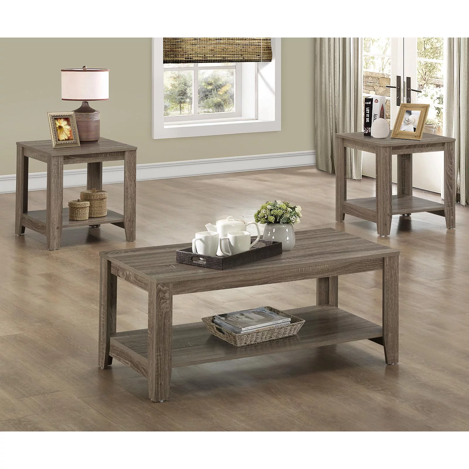 Table Set 3pcs Set Coffee End Side Accent Living Room Laminate Brown