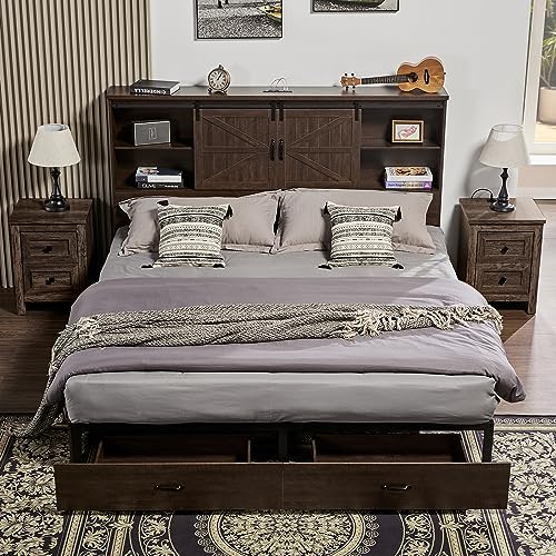 VanAcc Full Size Bed Frame, Wooden Platform Storage Bed with 51.2" Bookcase Headboard, 2 Drawers