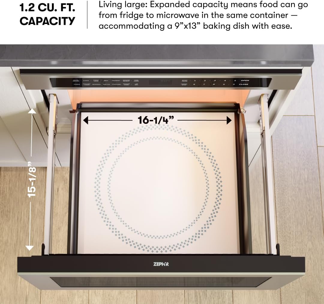 Zephyr 24 inch Built In Drawer Microwave Oven Under Cabinet - Under Counter Pull Out Microwave Drawer Sliding Door, Stainless Steel 1.2 cu ft