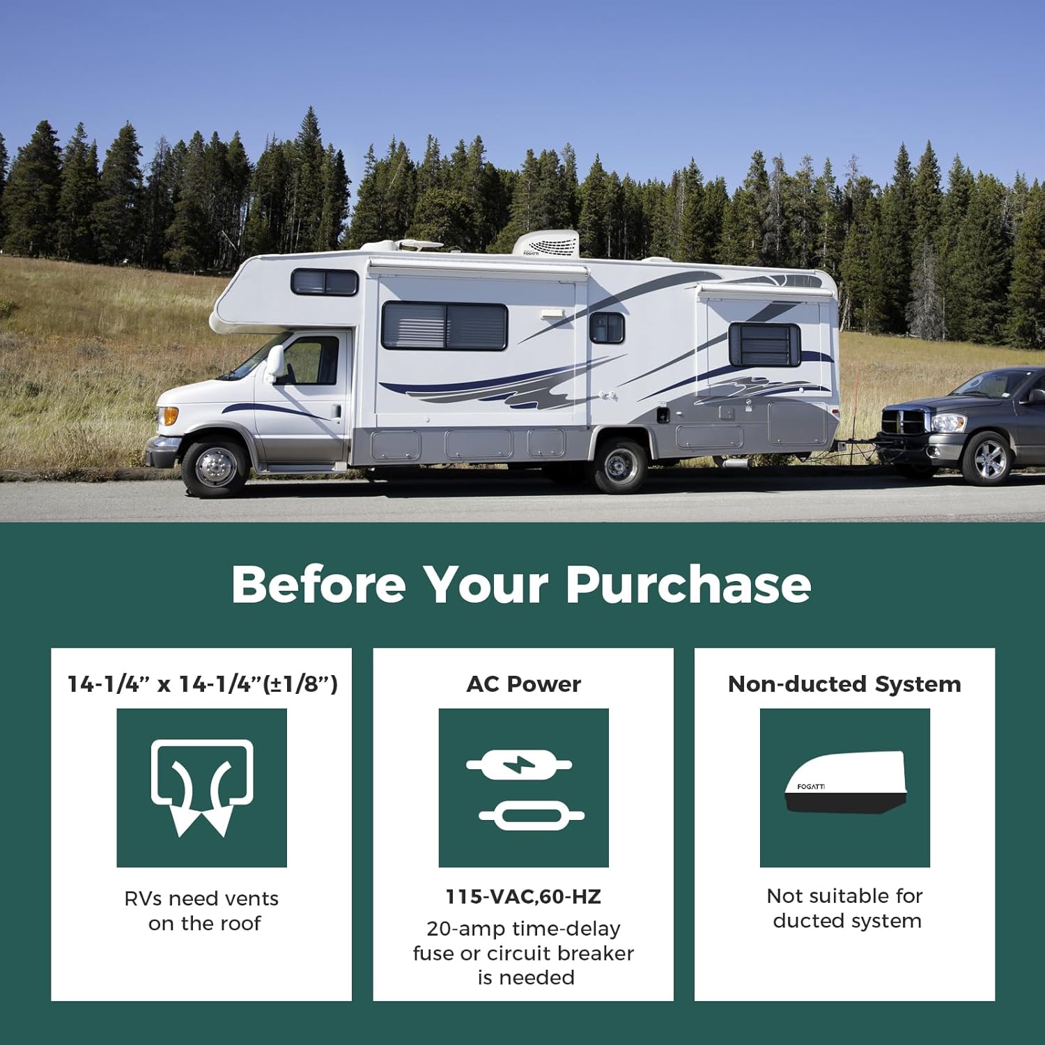 FOGATTI RV Air Conditioner Rooftop Non-Ducted 13500 BTU RV AC Unit 115V(AC) including Air Distribution Box and White InstaCool Series
