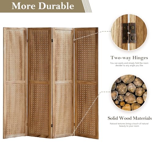 4 Panel Room Dividers and Folding Privacy Screens, 5.6Ft Wooden Pegboard Display, Privacy Dividers for Bedroom