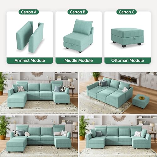 HONBAY Modular Sofa Sectional Sleeper Couch with Ottomans Reversible Sleeper Sectional Sofa Modular Couch with Storage, Aqua Blue