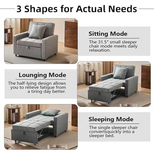 Sofa Bed Chair Convertible ，Sleeper Sofa with Pull-Out Bed ，3-in-1 Futon Couch with Reclining Backrest and Side Pocket (Blue, 35.6‘)
