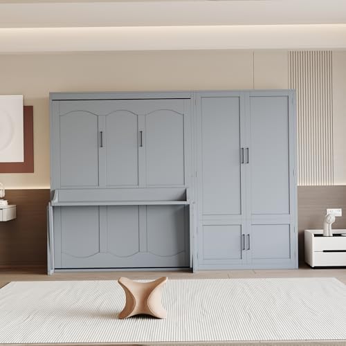 Queen Size Murphy Bed Wall Bed with Desk and Closet,Drawers and Shelves,for Small Spaces Studio Study Office Guest Room Use (Gray#Desk, Queen)
