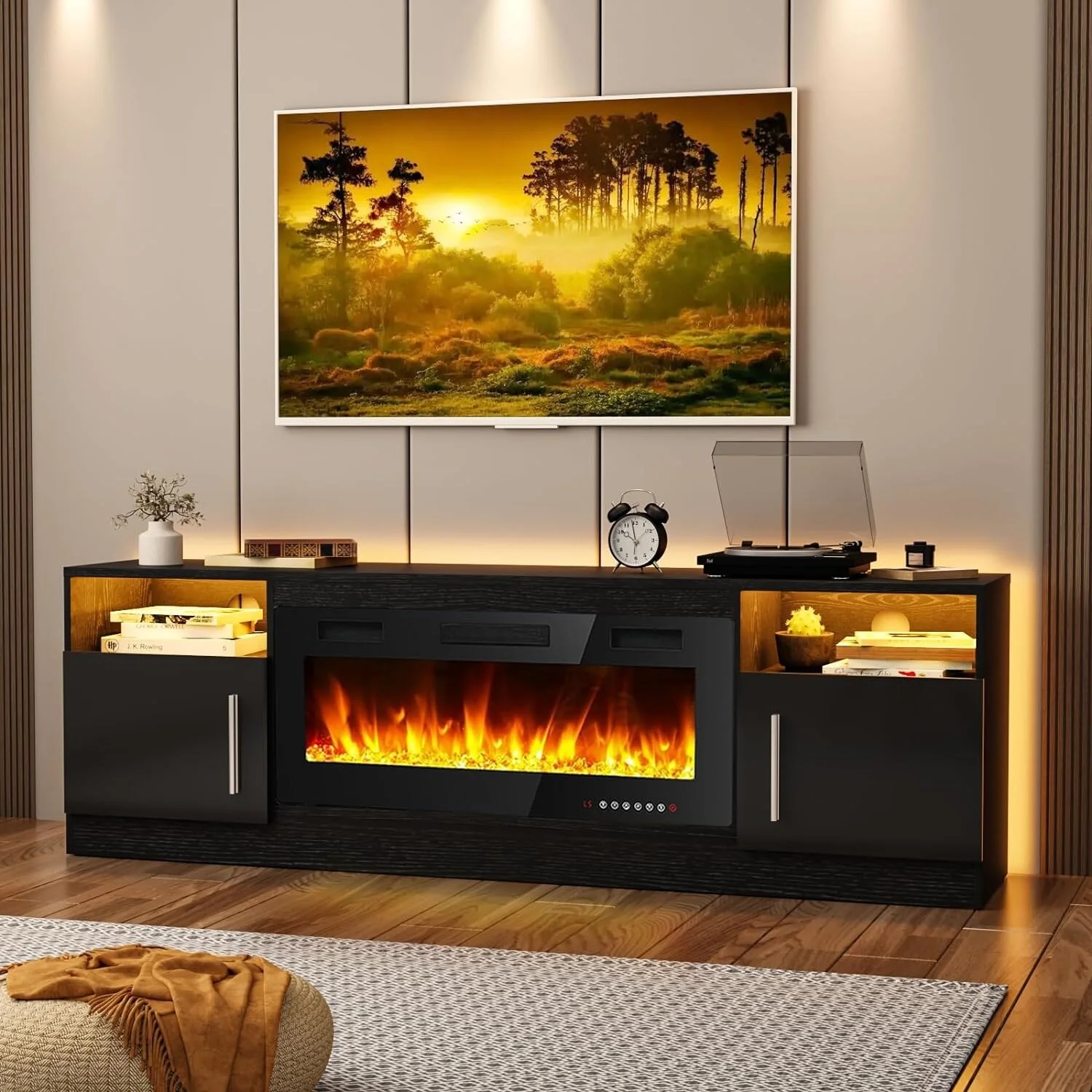 Bossin  70" Fireplace TV Stand with 36" Electric Fireplace, TV Stand for TVs Up to 80", 16 Colors LED Lights/Entertainment Center Black