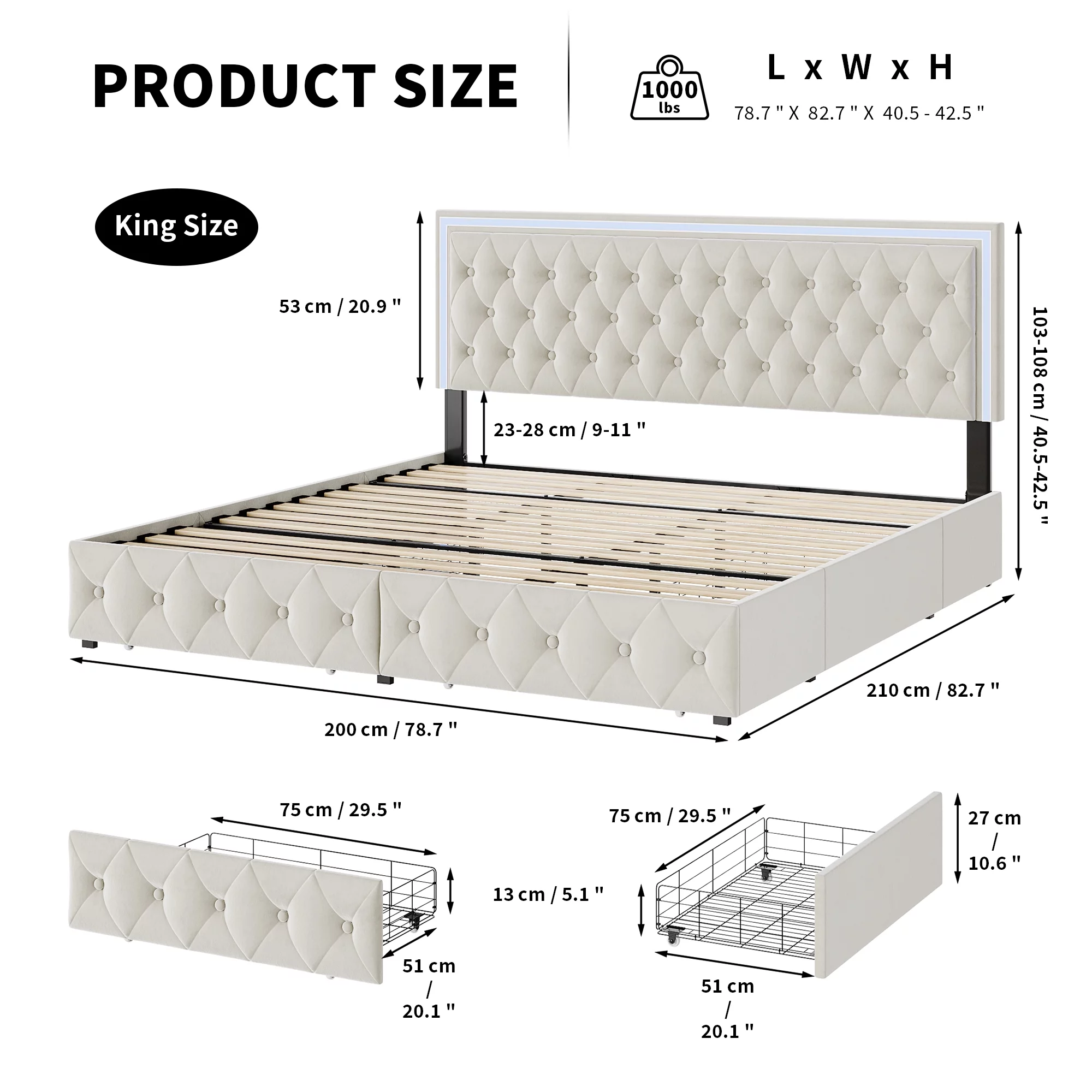 Homfa King LED Bed, 9 Colors LED Lights Platform Bed Frame with 4 Storage Drawers, Adjustable Upholstered Headboard with Button Tufted, Velvet Beige