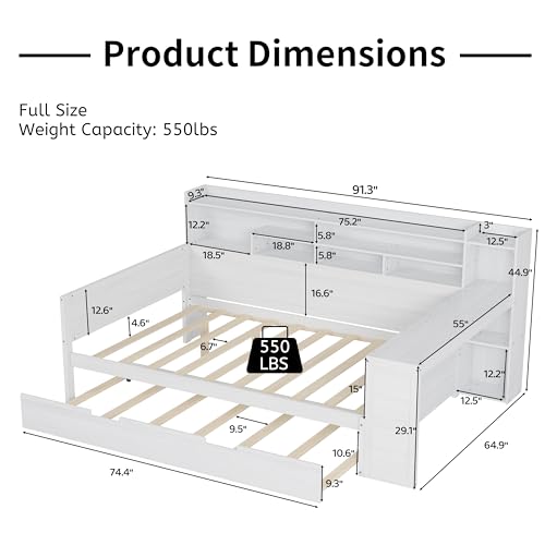 Corner Twin Bed Frame with Bookcase Storage and Desk, Wood Day Beds with 2 Drawers, Twin Size Daybed with Storage for Living Room