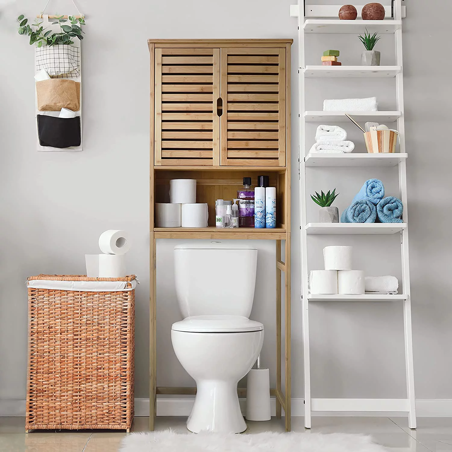 Bamboo Over-The-Toilet Storage Cabinet Bathroom Organizer with Shelf and Cupboard, Freestanding Small Over The Toliet Cabinet, Space Save, Natural