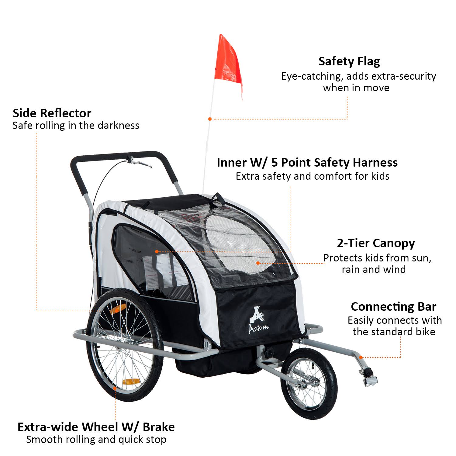 Aosom 2in1 Double Child Baby Bike Trailer and Stroller - Black