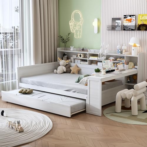 Corner Twin Bed Frame with Bookcase Storage and Desk, Wood Day Beds with 2 Drawers, Twin Size Daybed with Storage for Living Room