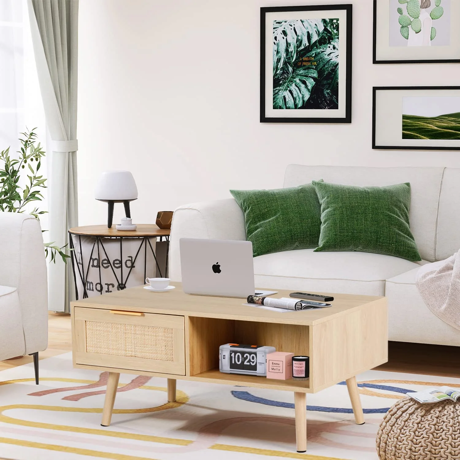 xrboomlife Rattan Coffee Table Mid Century Modern Center Rectangular Tables with 2 Drawers and Open   Wooden Small Media Table for Home Living Room