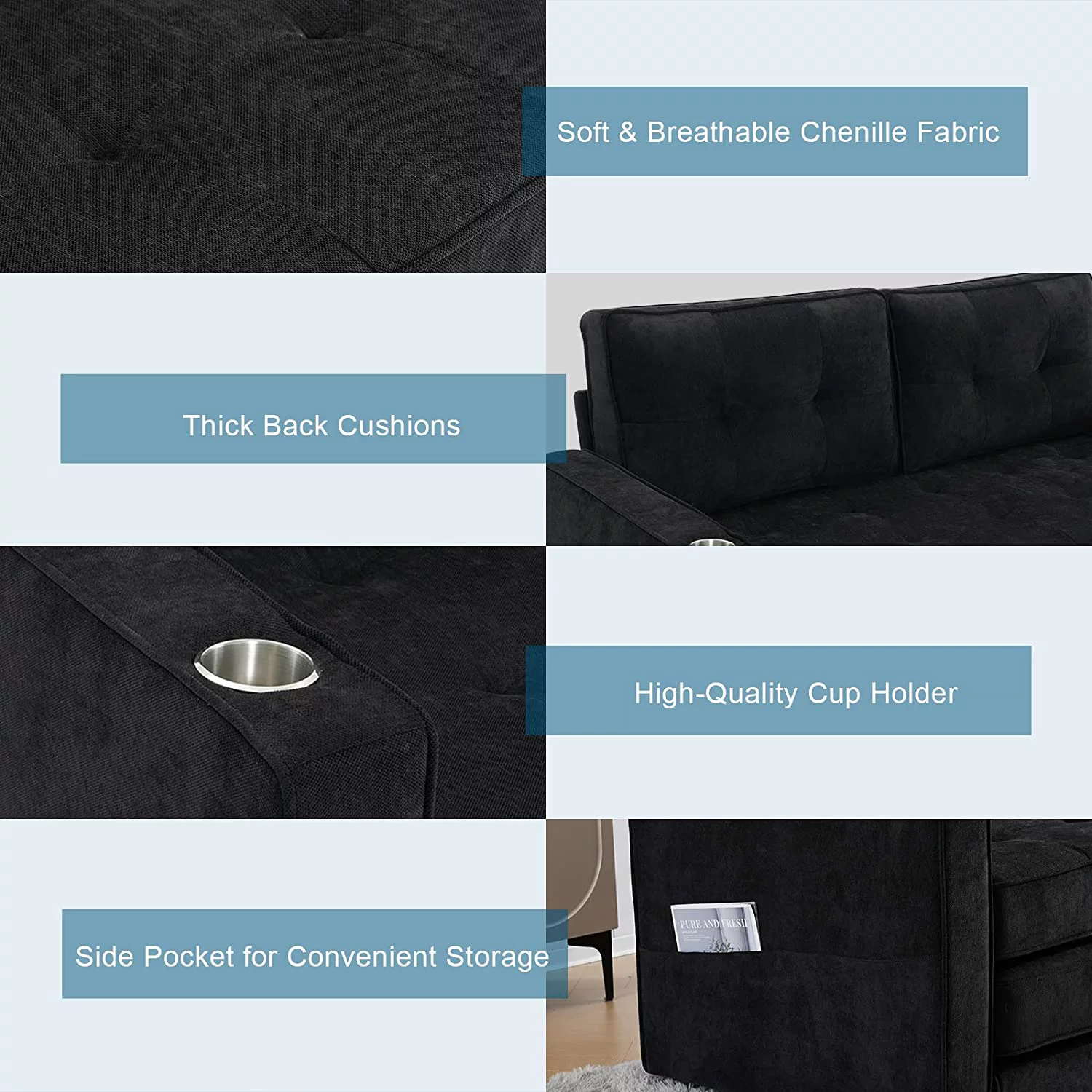 VINGLI Upgraded 64" W 84" L Full Size Futon Sofa Bed, 6" Thick Upholstery Chenille Loveseat Sofa Sleeper Pull Out Couch